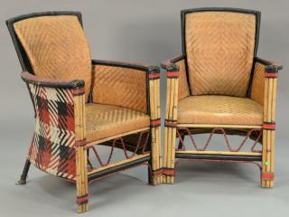 Appraisal: Pair of painted modern wicker and bamboo armchairs Pair of