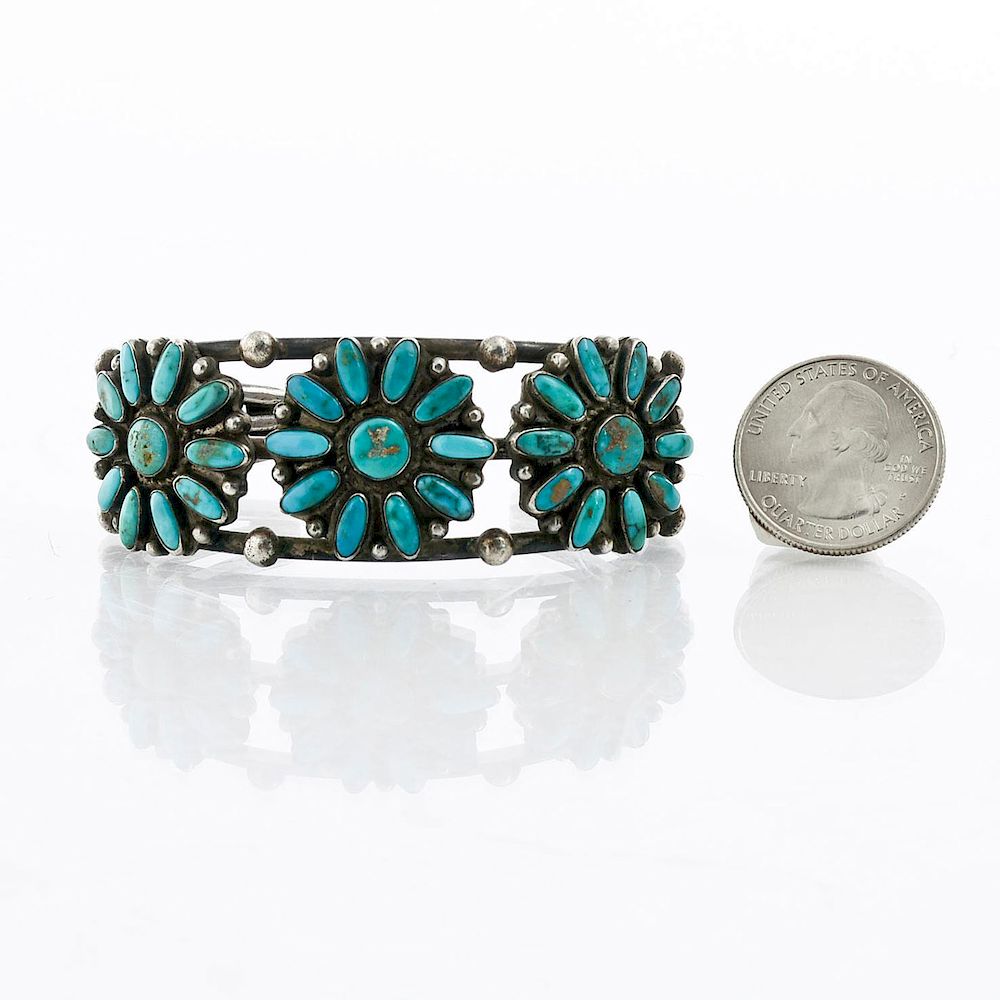 Appraisal: NATIVE AMERICAN SILVER TURQUOISE FLORAL CLUSTER CUFF Total weight approximately