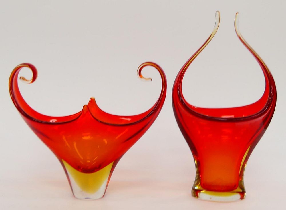 Appraisal: VINTAGE MURANO AMBERINA GLASS BASKET VASES Largest measures high and