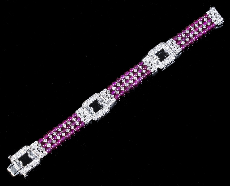 Appraisal: VINTAGE ART DECO RUBY BEAD DIAMOND BRACELET Handmade Art Deco