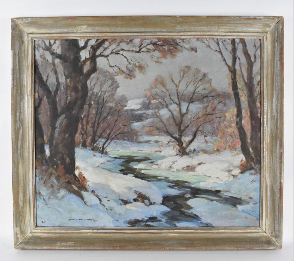 Appraisal: Winter Woodland Landscape with Stream Signed lower left also on