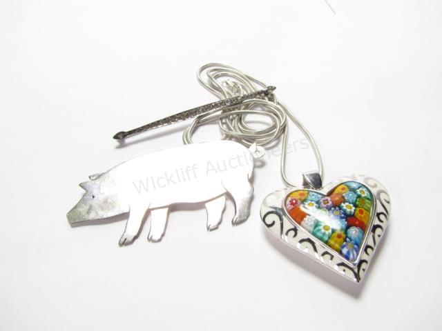 Appraisal: Three sterling jewelry items including sterling silver pig pin long