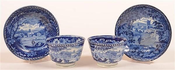 Appraisal: Two Staffordshire Blue Transfer Cups Saucers Two Staffordshire China Blue