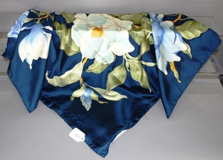 Appraisal: Salvatore Ferragamo silk scarf with blue white green magnolia print