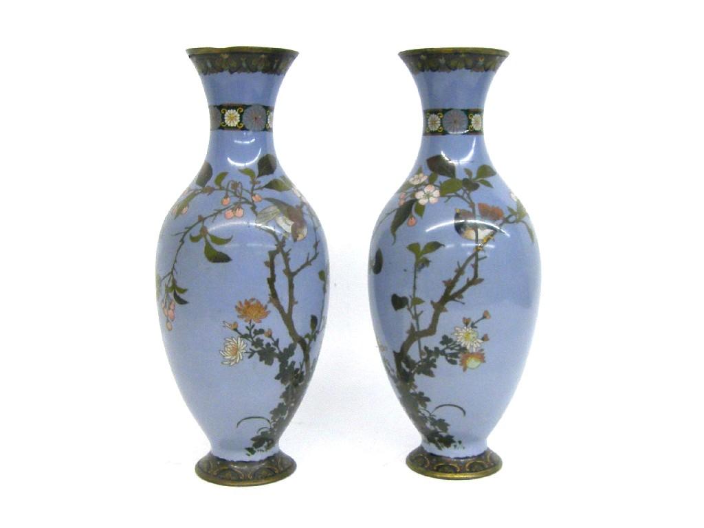 Appraisal: Pair of Japanese ovoid cloisonne vases decorated overall with birds