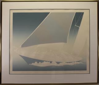 Appraisal: Signed th C Yachting Lithograph Signed th C Yachting Lithograph