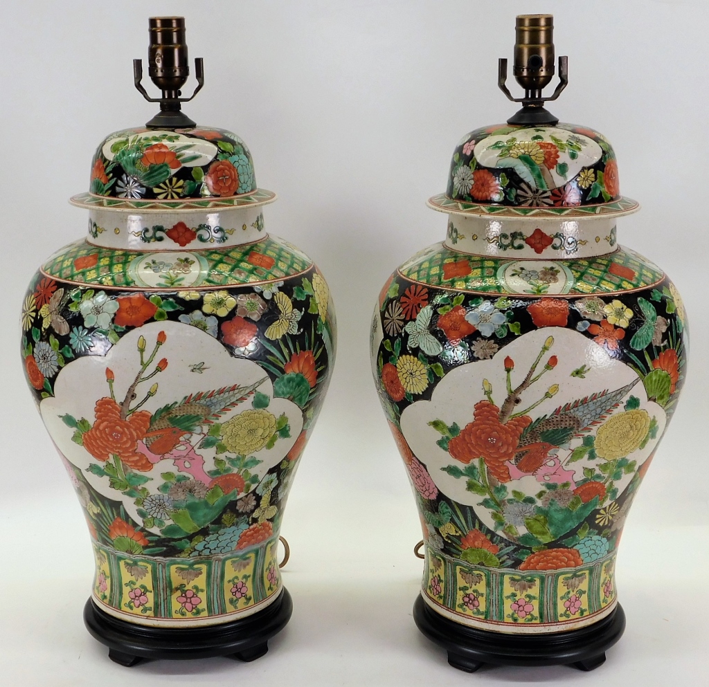 Appraisal: PR CHINESE FAMILLE NOIR PORCELAIN TABLE LAMPS Chinese th CenturyDecorated