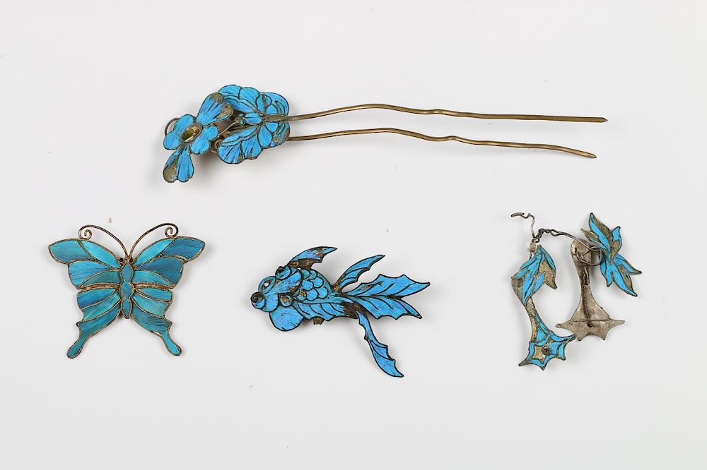 Appraisal: KINGFISHER FEATHER HAIR -ORNAMENTS QING A set of four gilt-silver