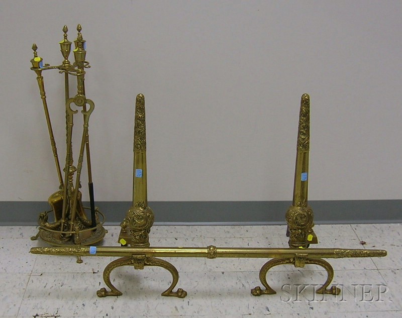 Appraisal: Brass Fireplace Set with scrolled foliate design including a pair