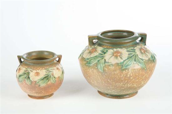 Appraisal: TWO ROSEVILLE VASES Both double handled and in the Dahlrose