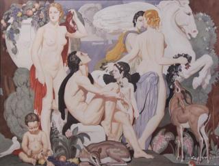 Appraisal: Large Art Deco Style Watercolor on Paper Classical Nudes and