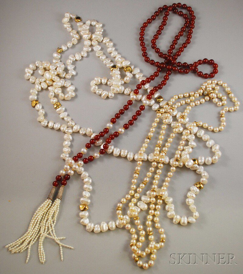 Appraisal: Two Pearl Necklaces and a Pearl and Red Hardstone Bead