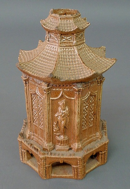 Appraisal: Continental stoneware pagoda form canister th c with brown glaze