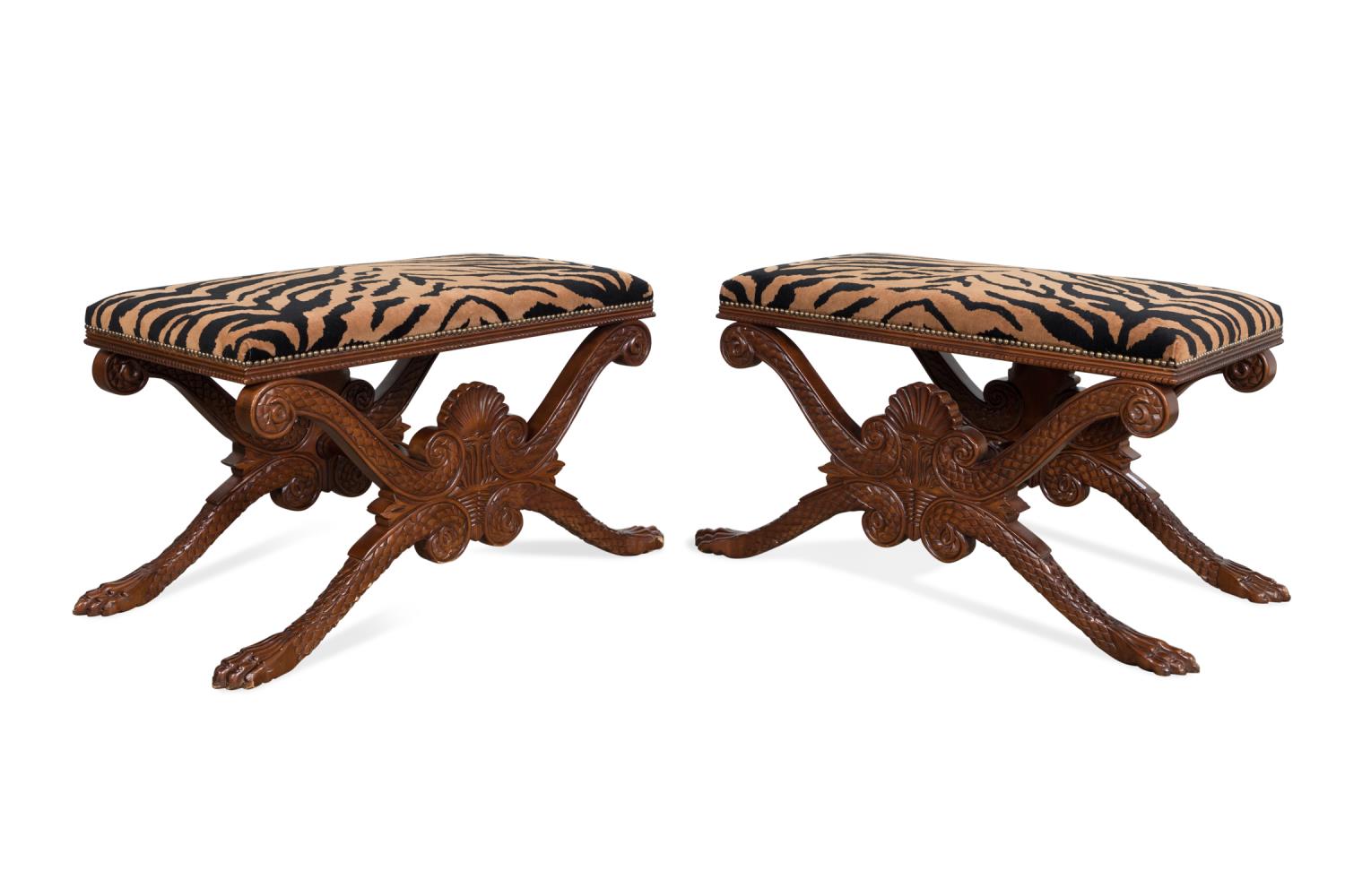 Appraisal: PAIR REGENCY STYLE TIGER PATTERN CURULE BENCHES Pair of Regency