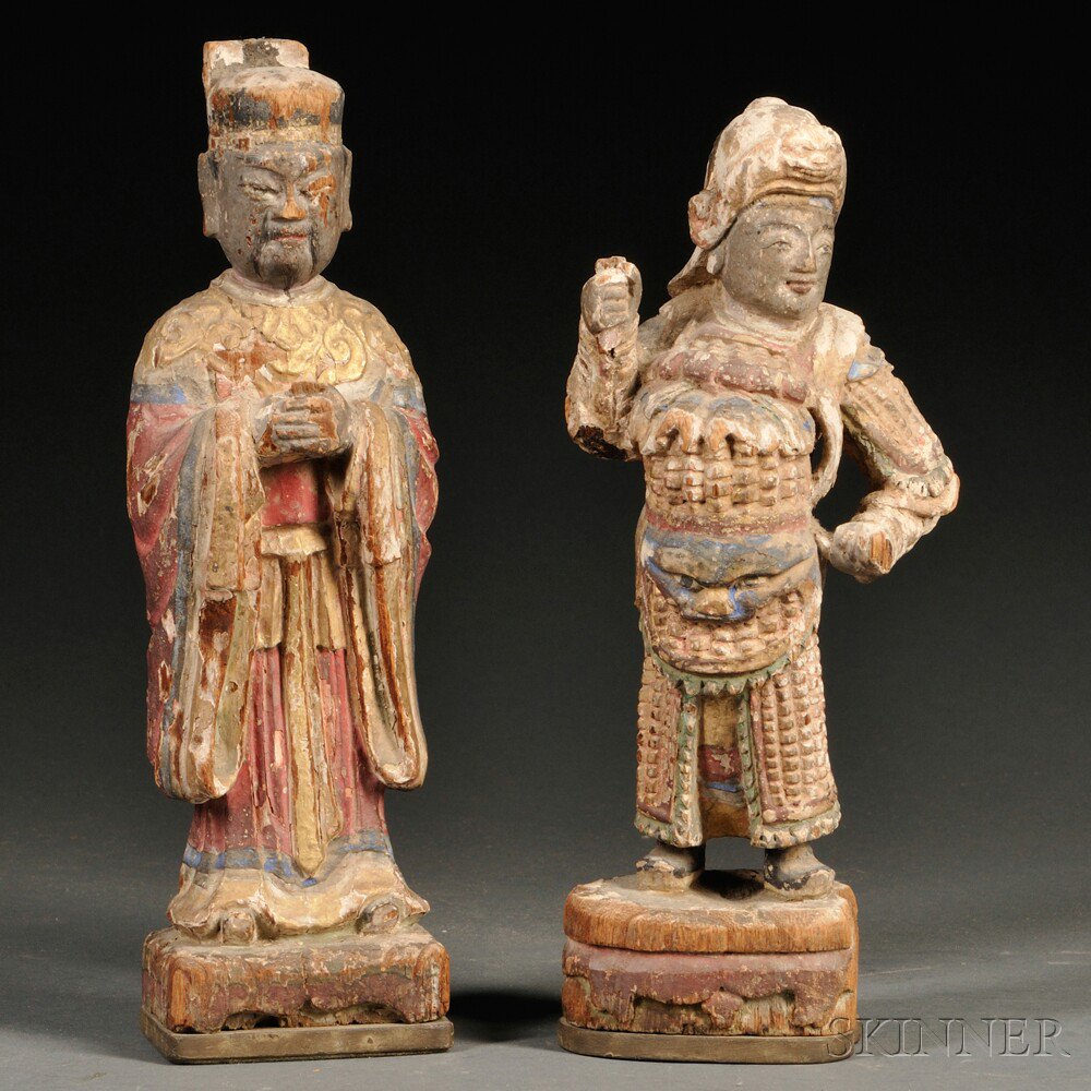 Appraisal: Two Polychrome Carved Wood Standing Figures China depicted in scholar's