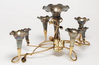 Appraisal: Art Nouveau Centerpiece Epergne Callalily Art Nouveau silver-plate trumpet vases