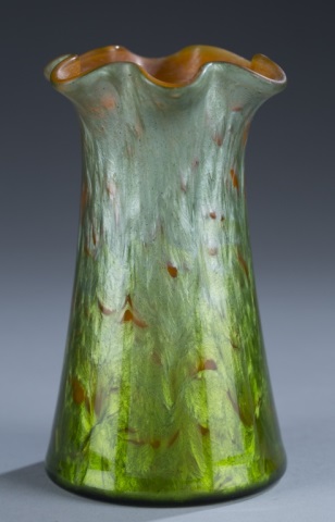 Appraisal: Loetz Titania Vase with Ruffle Rim Green and orange iridescent