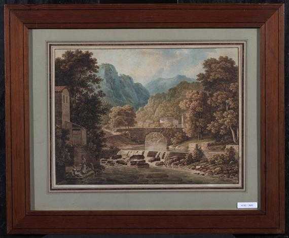 Appraisal: ITALY -Bridge in mountain landscape Circa Anonymous circa Women drawing