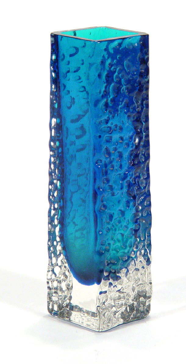 Appraisal: Square based Whitefriars style blue glass vase with bark design