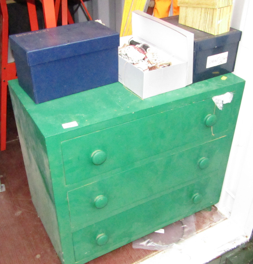 Appraisal: A green painted pine three drawer chest containing screws bolts