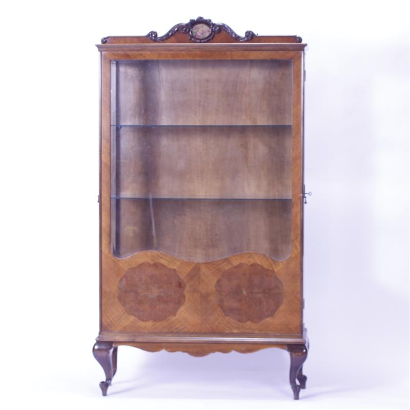 Appraisal: Antique French Provincial vitrine curio cabinet Exotic bookmatch veneer carved