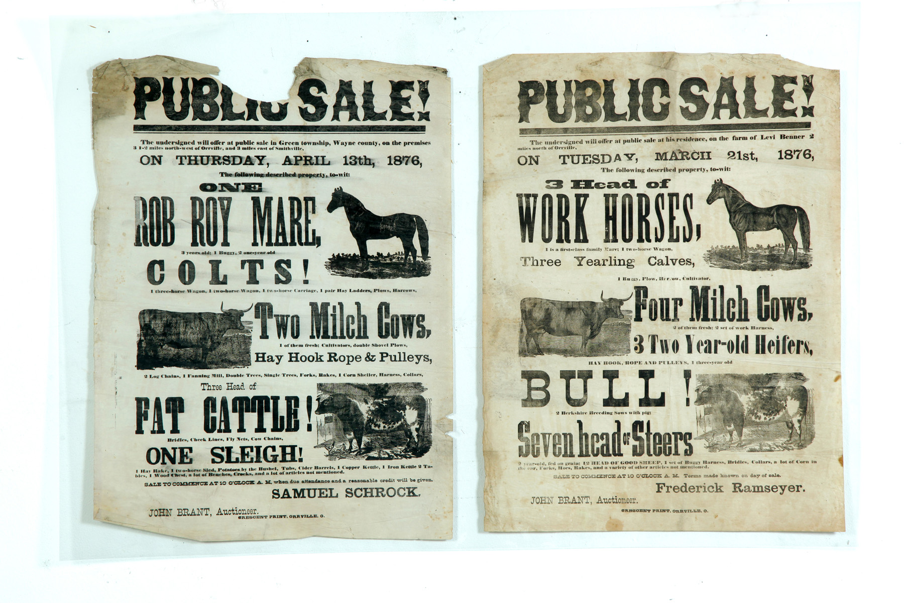 Appraisal: TWO TH-CENTURY WAYNE COUNTY OHIO AUCTION BROADSIDES Both livestock auctions