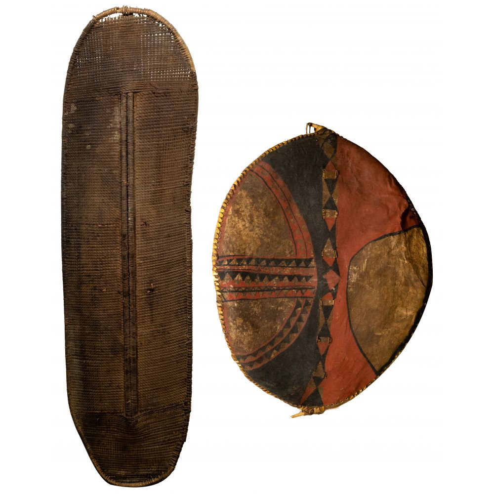 Appraisal: AFRICAN SHIELD ASSORTMENT items including Maasai shield constructed from stretched