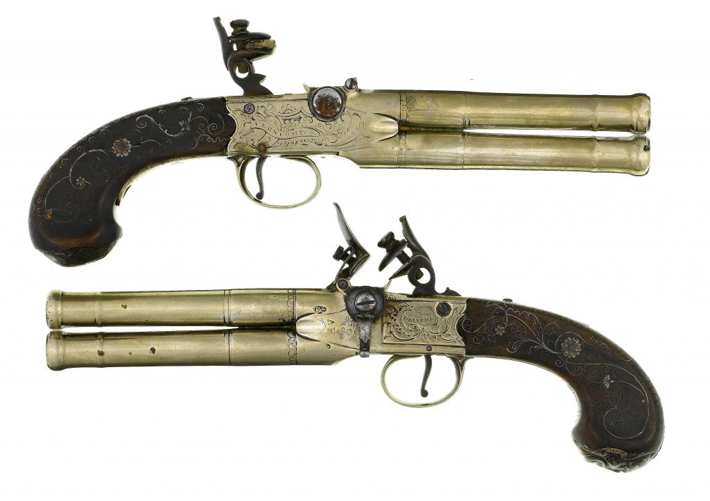 Appraisal: A PAIR OF ENGLISH PAKTONG OVER-AND-UNDER TAP-ACTION FLINTLOCK PISTOLS the