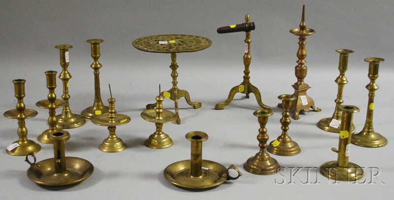 Appraisal: Sixteen Brass Lighting and Hearth Items fourteen assorted brass candlesticks