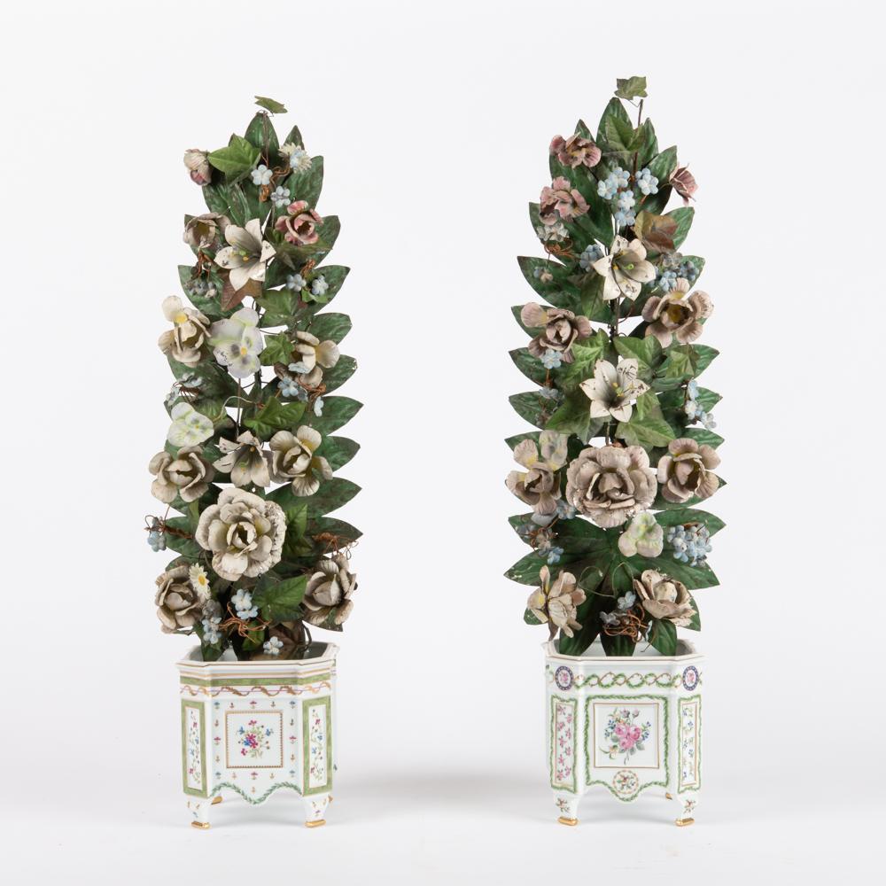 Appraisal: PAIR OF ANTIQUE ITALIAN TOLE FLOWER IN HAVILAND CACHEPOTS A