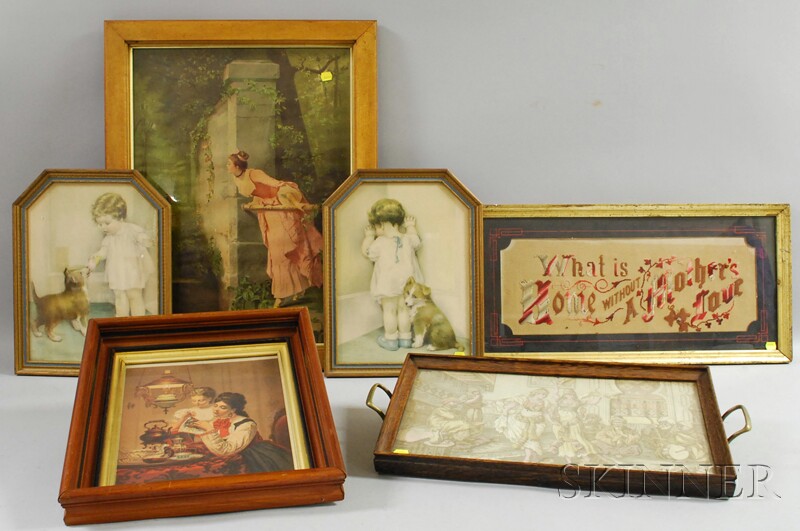 Appraisal: Six Framed Items two framed textile-inset serving trays two chromolithographs