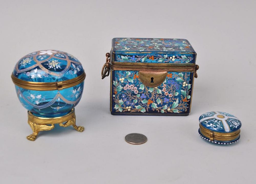 Appraisal: Three Enameled Blue Glass Boxes in the manner of Moser