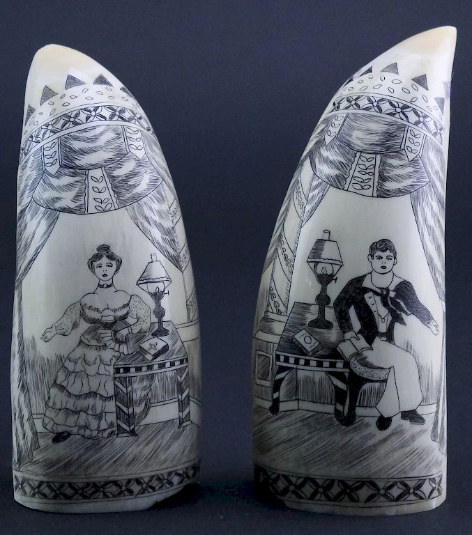 Appraisal: Pr Scrimshaw Carved Man Woman Whales Tooth Pair of vintage