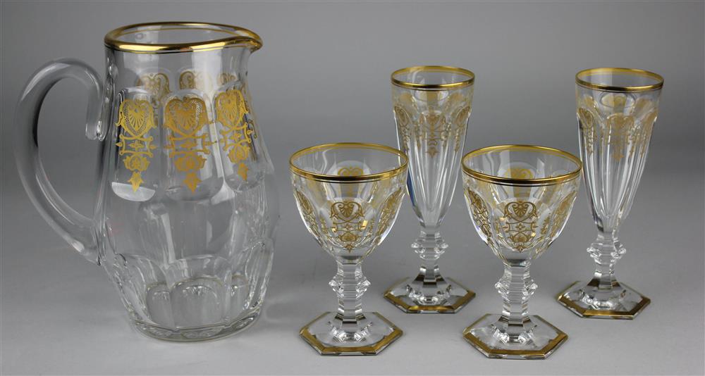 Appraisal: BACCARAT GILT DECORATED CRYSTAL 'EMPIRE' PITCHER AND FOUR GLASSES each