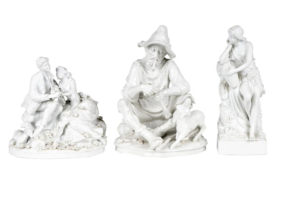 Appraisal: THREE PORCELAIN GROUPScomprising an Italian blanc de chine shepherd and