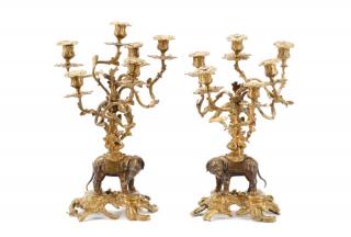 Appraisal: Pair of Gilt Bronze Elephant Motif Candelabras Continental early to