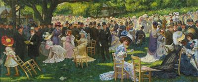 Appraisal: English School th Century Party in the park Oil on