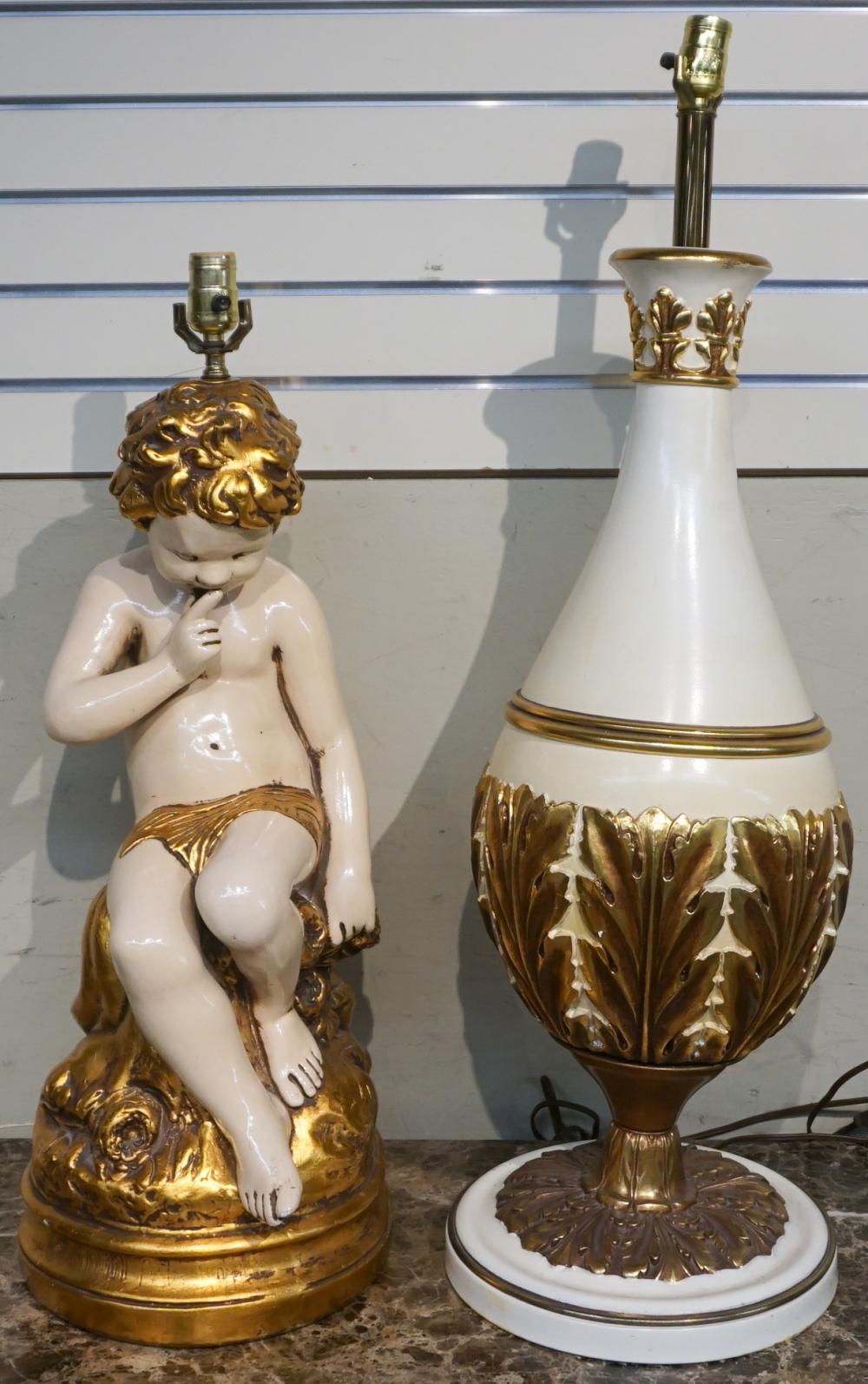 Appraisal: Two White and Gilt Ceramic Table Lamps H of Tallest