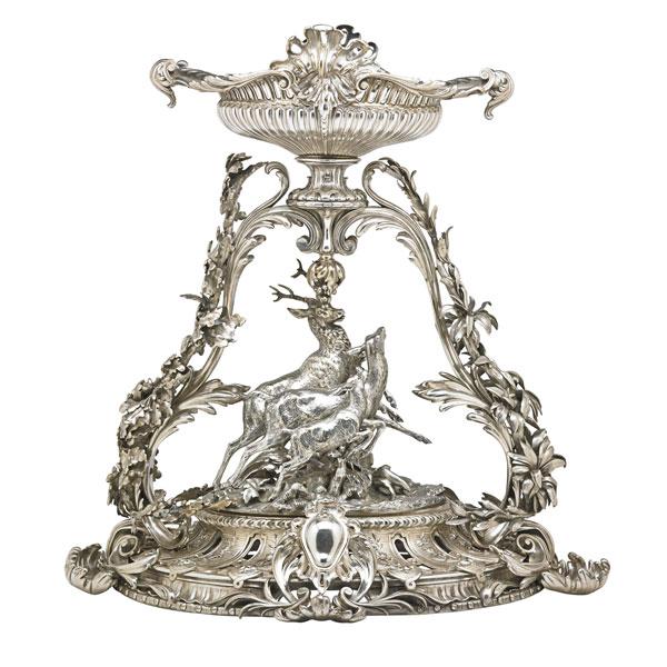 Appraisal: MONUMENTAL CHRISTOFLE SILVER-PLATED CENTERPIECE In the rococo style pierced oval