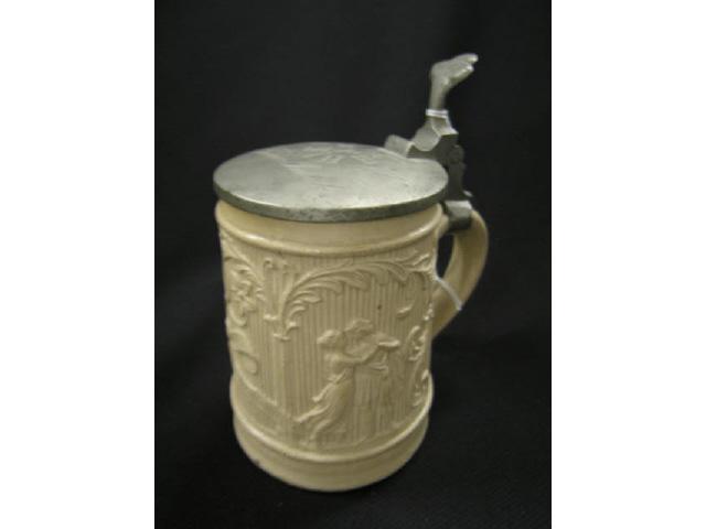 Appraisal: German Pottery Stein salt glaze raised figures pewter lid dated