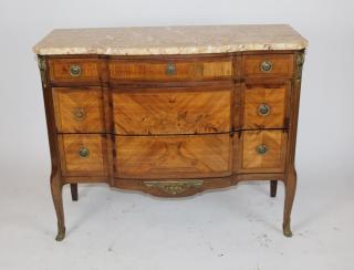 Appraisal: Louis XVI style marquetry commode with marble top h x