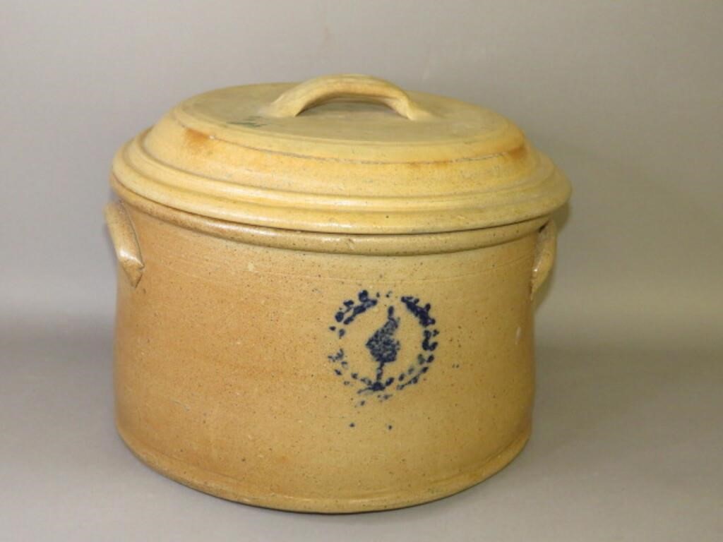 Appraisal: COVERED COBALT DECORATED STONEWARE CAKE CROCKca late th-early th century