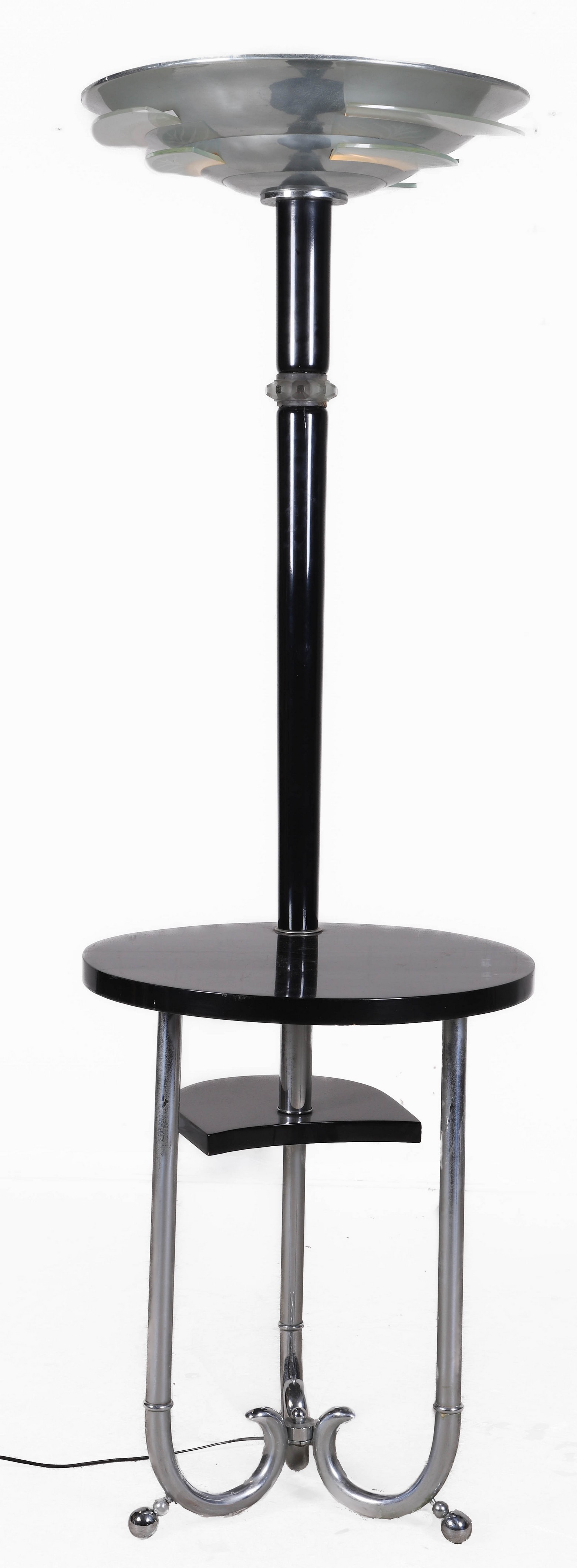 Appraisal: Deco Style ebonized floor lamp table chrome and frosted glass