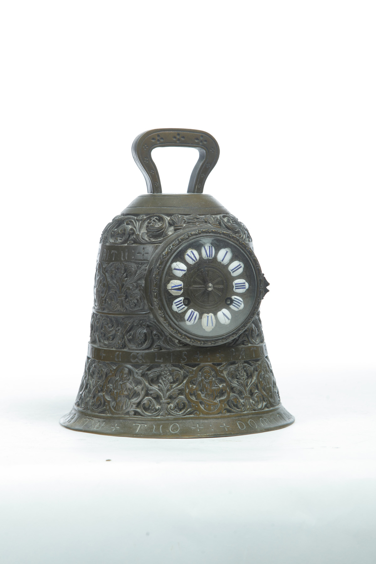 Appraisal: BRONZE BELL SHAPED SHELF CLOCK American ca Cast medieval-style decorative