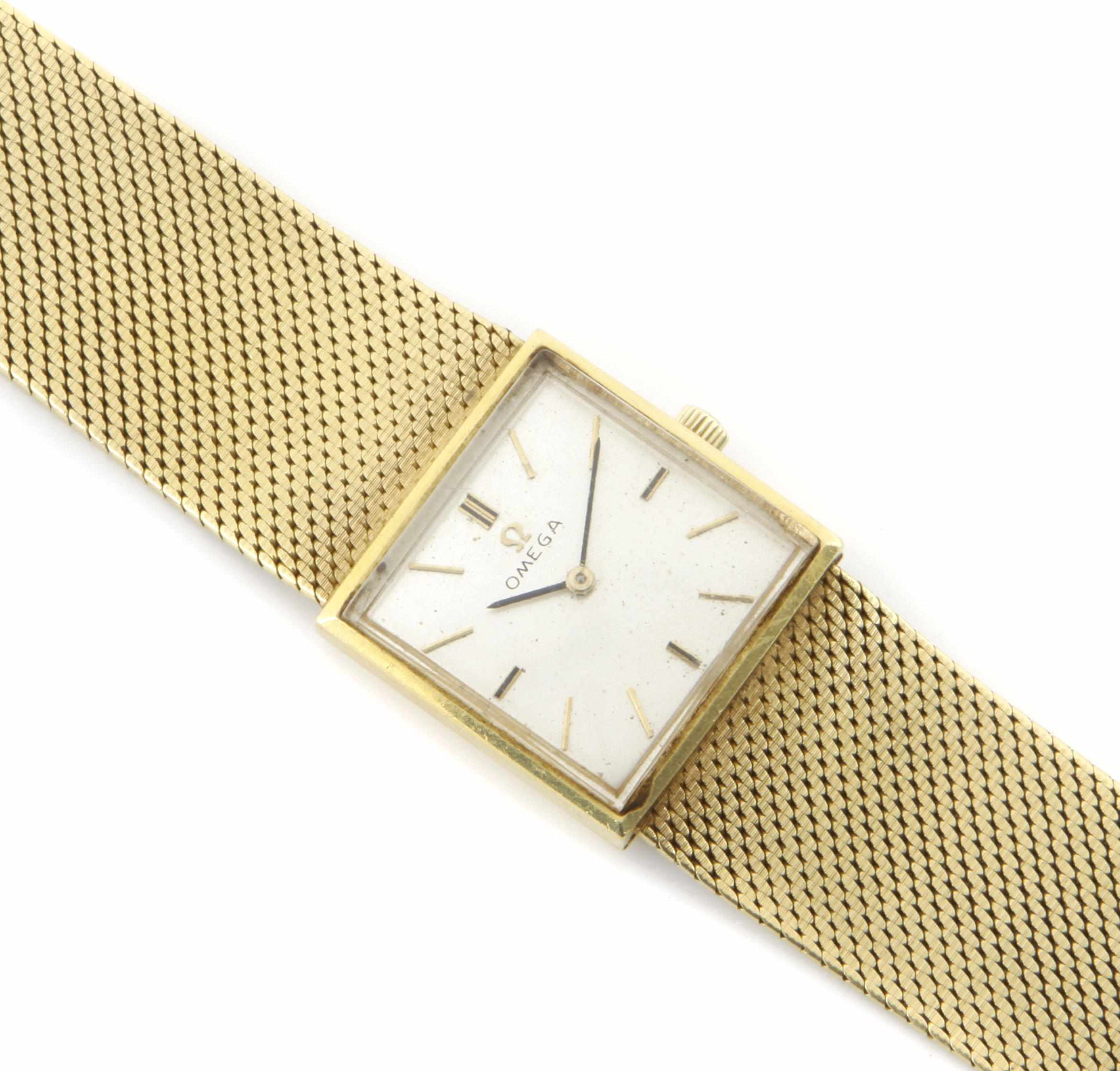 Appraisal: An k gold mesh bracelet wristwatch Omega movement no gross