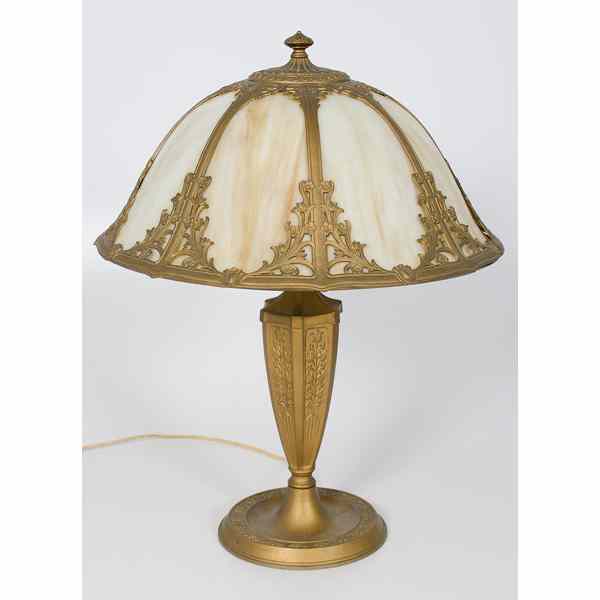 Appraisal: Slag glass Table Lamp American th century A metal overlay