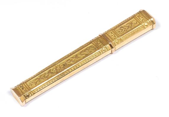 Appraisal: GOLD NEEDLE CASE ca Yellow gold Long narrow case with