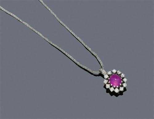 Appraisal: RUBY AND BRILLIANT-CUT DIAMOND PENDANT WITH CHAIN ca White gold