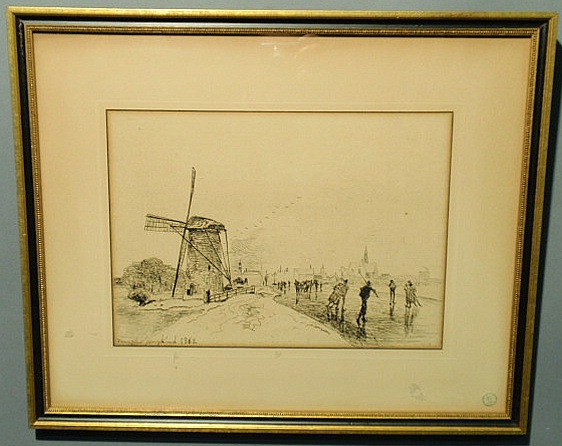 Appraisal: Original etching of Dutch ice skaters signed Youngkind x