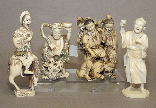 Appraisal: Two Japanese-style ivory carvings The first depicting a man riding